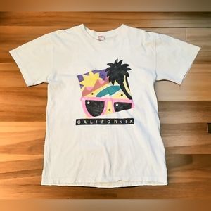Vintage B.Y.C. Adult L California T Shirt Single Stitch Crewneck White Pink Teal